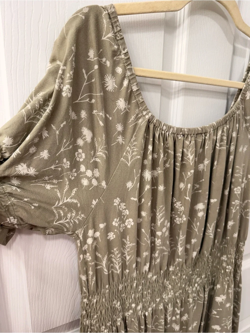 Mata Traders Olive Floral Smocked Midi Dress